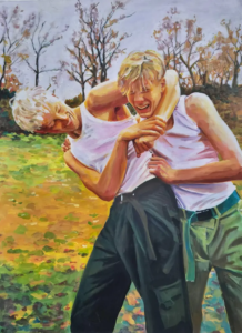 Bienvenue au TEC Peinture figurative de deux jeunes ados qui sourient en jouant à se battre